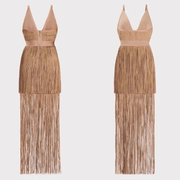 Herve Leger Plunging Fringe Gown | Toffee - Picture 5 of 10